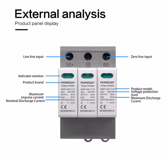 Moreday Lightning Arrester Protection System 500 800 1000 1200V DC SPD Surge Protection Devices CE IEC TUV Certification